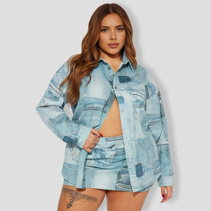 Social Season Denim Skirt Set - Blue