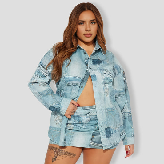 Social Season Denim Skirt Set - Blue