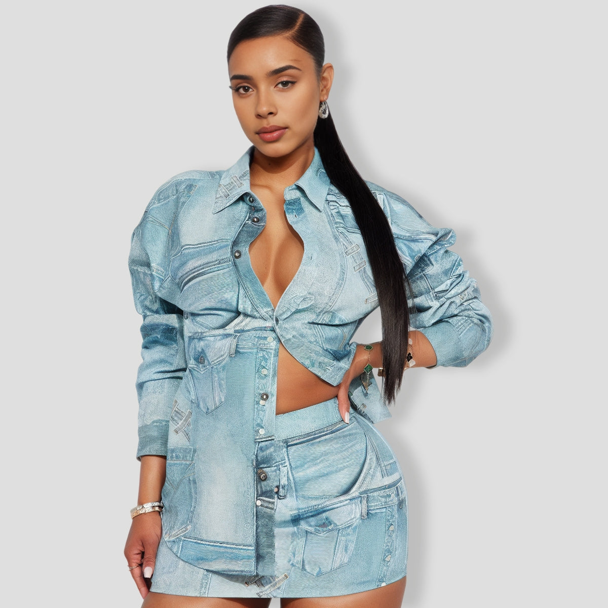 Social Season Denim Skirt Set - Blue