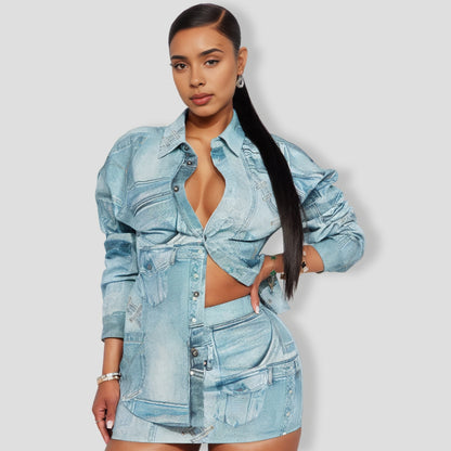 Social Season Denim Skirt Set - Blue