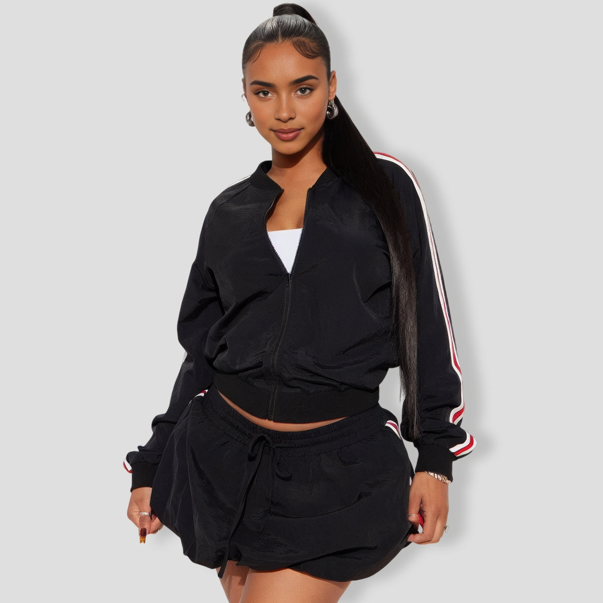 Sporty Bubble Hem Skirt Set - Black