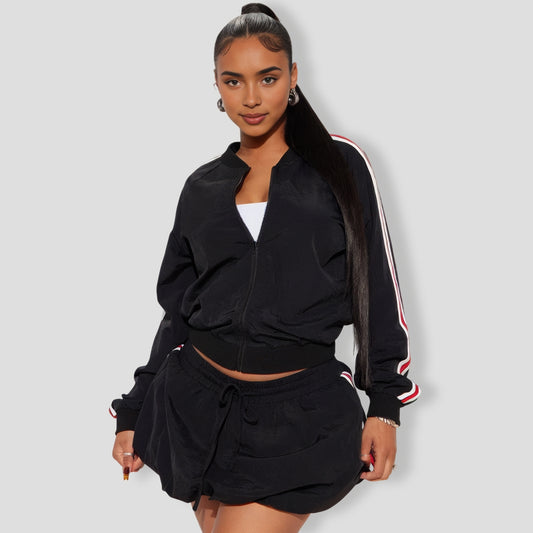 Sporty Bubble Hem Skirt Set - Black