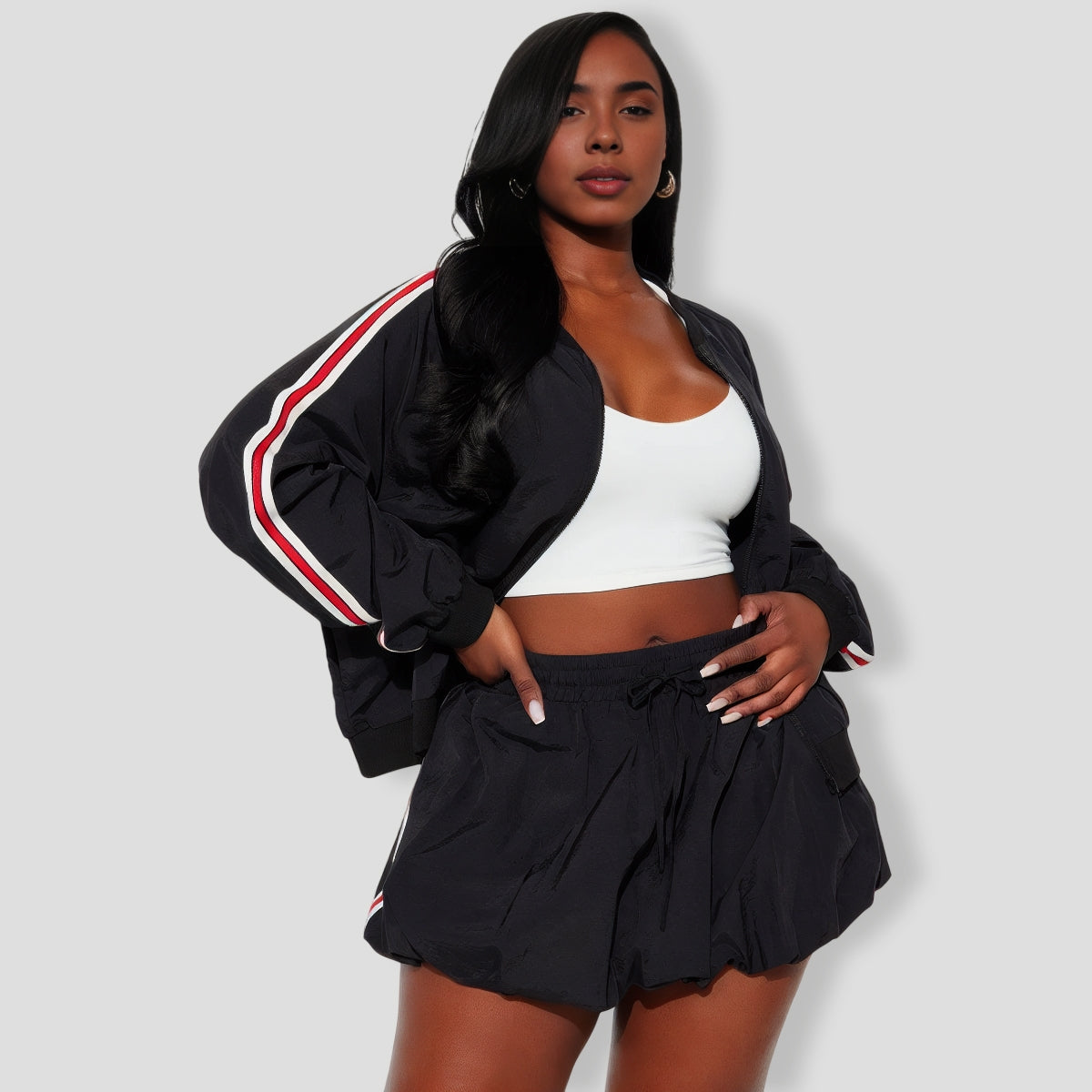 Sporty Bubble Hem Skirt Set - Black
