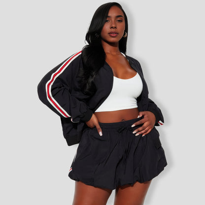 Sporty Bubble Hem Skirt Set - Black