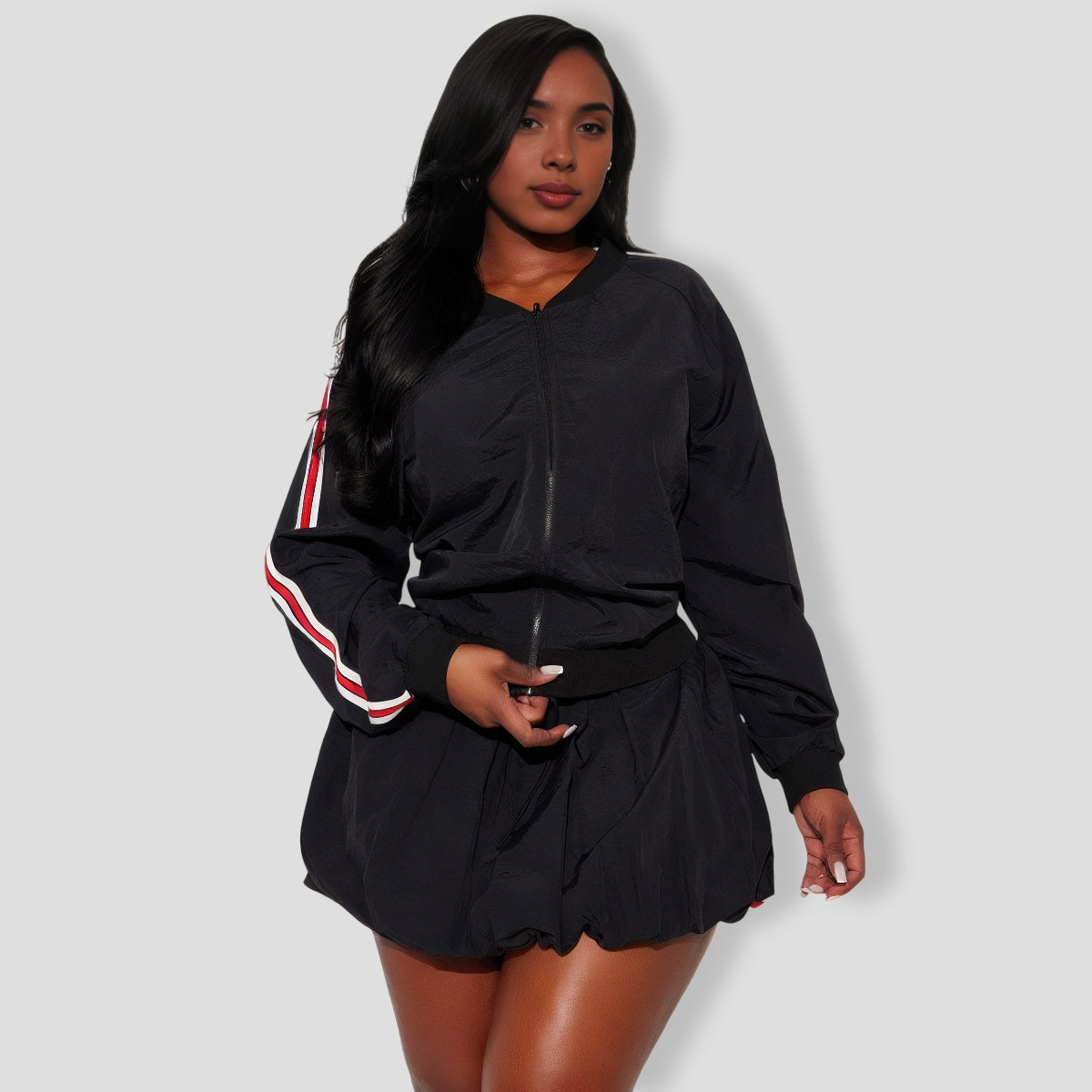 Sporty Bubble Hem Skirt Set - Black