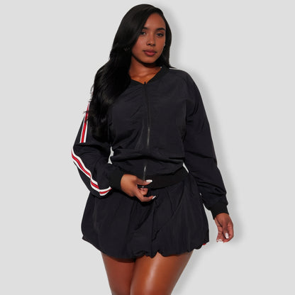 Sporty Bubble Hem Skirt Set - Black