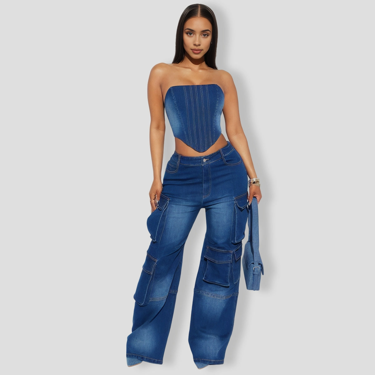 stefania Denim Cargo Pant Set - Dark Wash