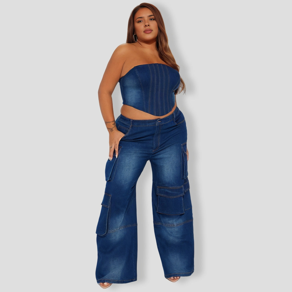 stefania Denim Cargo Pant Set - Dark Wash