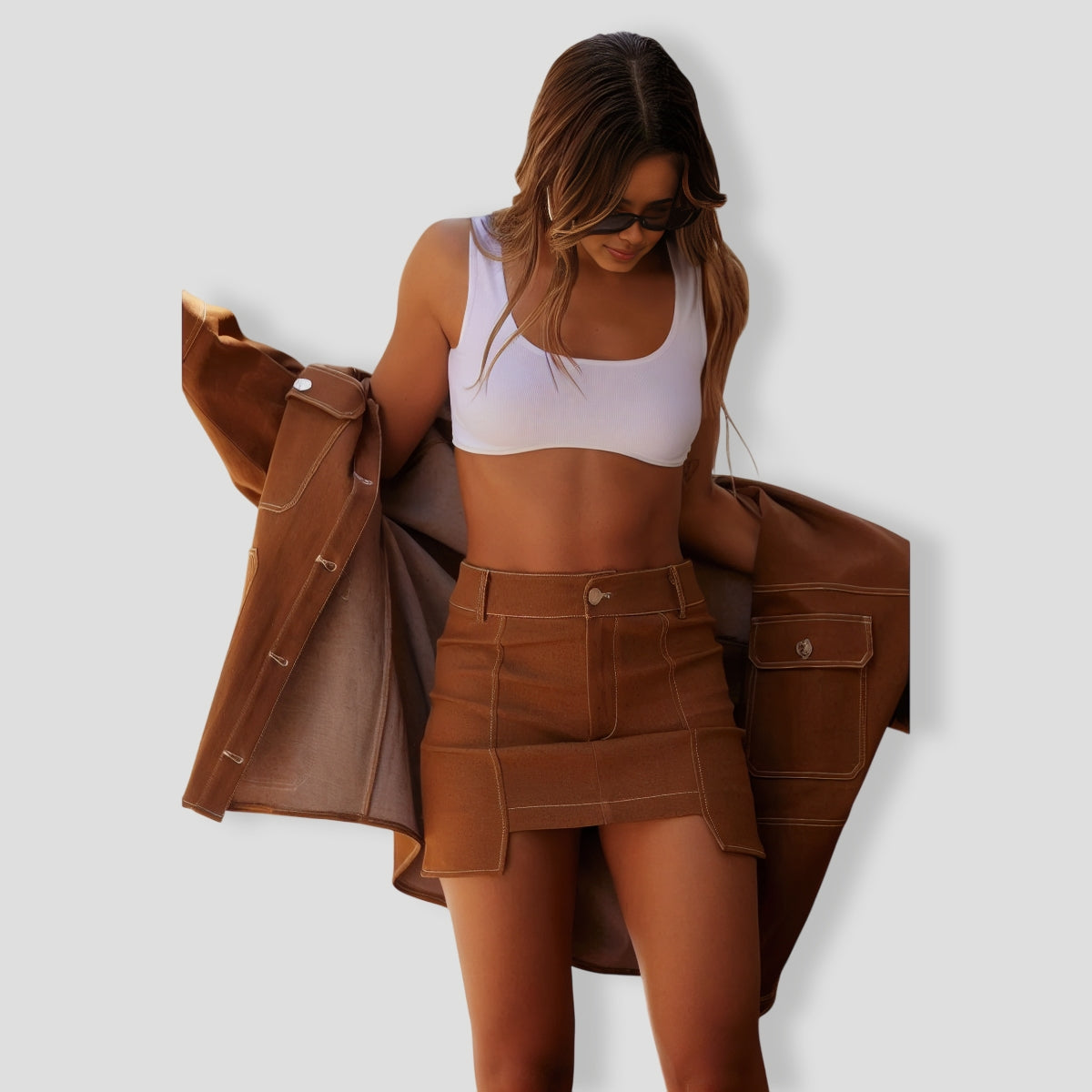 Super Babe Denim Skirt Set - Cognac