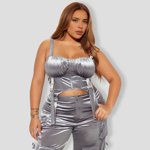 tep Back Velour Cargo Pant Set - Grey