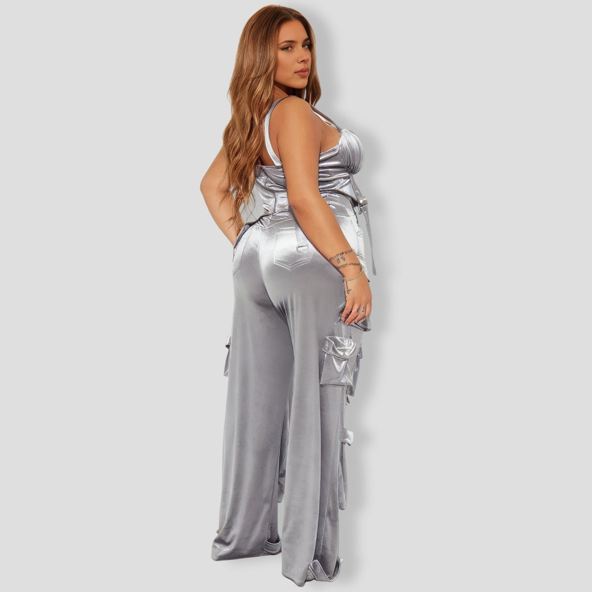 tep Back Velour Cargo Pant Set - Grey