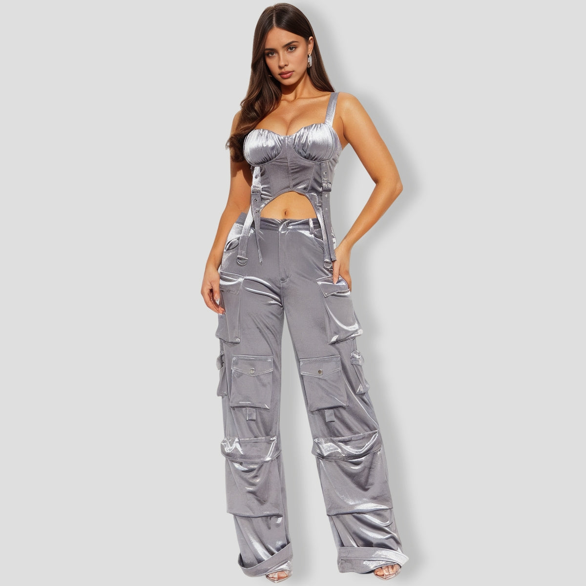 tep Back Velour Cargo Pant Set - Grey