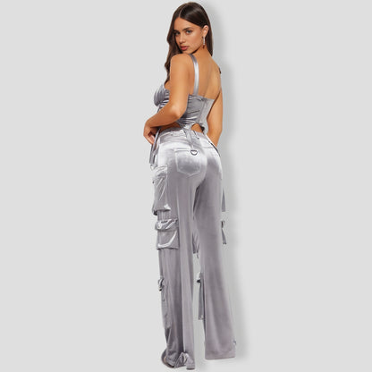 tep Back Velour Cargo Pant Set - Grey