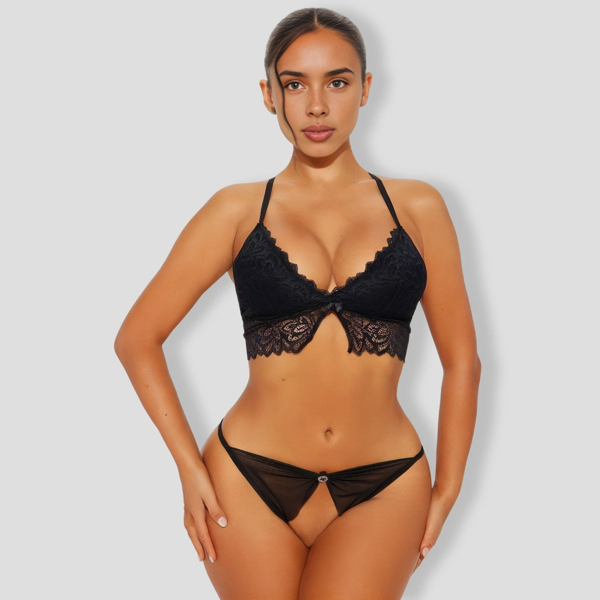 Bow Crotchless G-String Thong Panty - Black