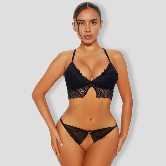 Bow Crotchless G-String Thong Panty - Black