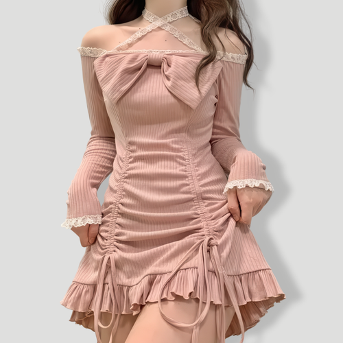 Lace Trim Ruched Off-Shoulder Dress with Bow