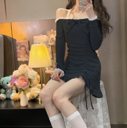 Lace Trim Ruched Off-Shoulder Dress with Bow