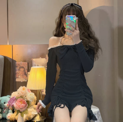 Lace Trim Ruched Off-Shoulder Dress with Bow