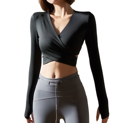 Open-Back Wrap Crop Top with Long Sleeves