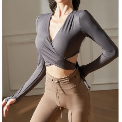 Open-Back Wrap Crop Top with Long Sleeves