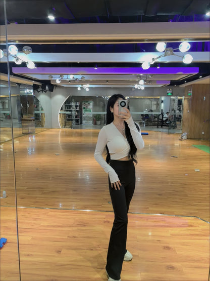 Open-Back Wrap Crop Top with Long Sleeves