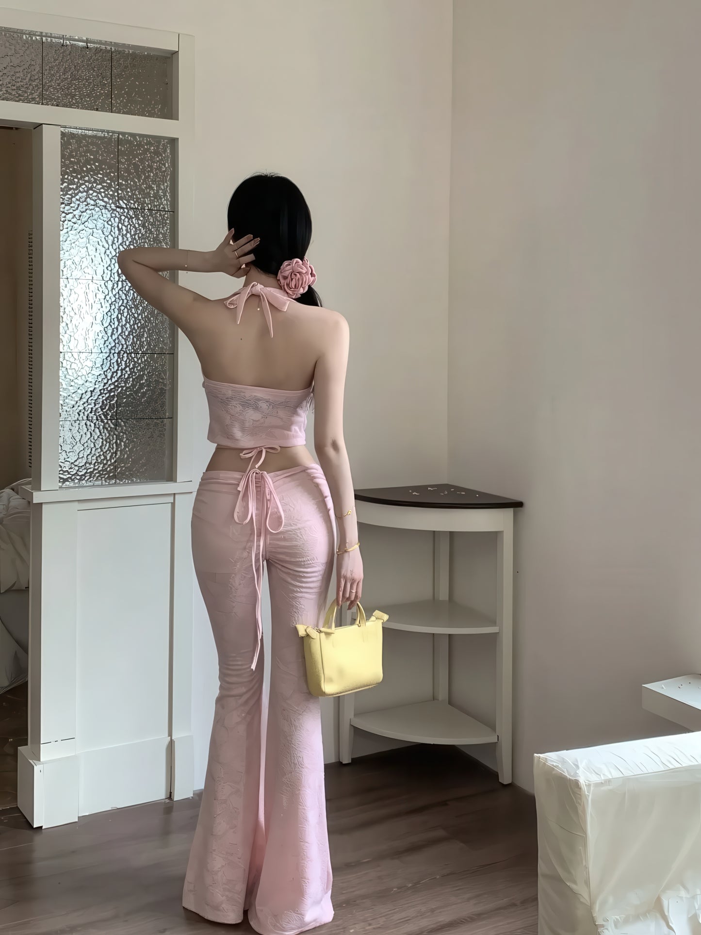 Halter Crop Top Ruched Lace Flared Pants Set