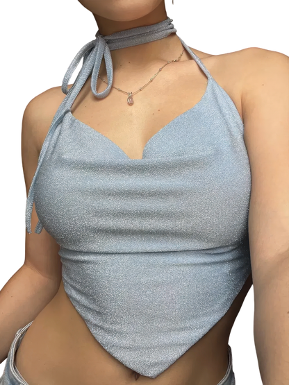 Sparkling Halter Top with Cowl Neck Design