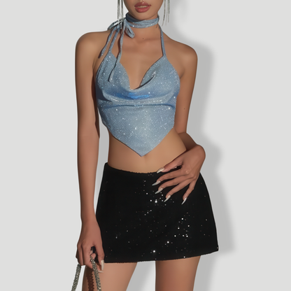 Sparkling Halter Top with Cowl Neck Design