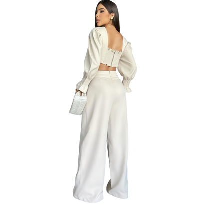 Two-Piece Set with Puff Sleeve Crop Top and High Waist Wide Trousers