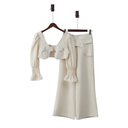 Two-Piece Set with Puff Sleeve Crop Top and High Waist Wide Trousers