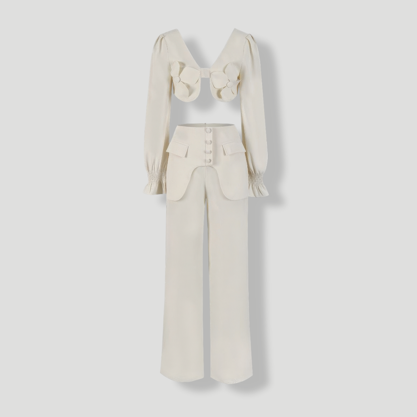 Two-Piece Set with Puff Sleeve Crop Top and High Waist Wide Trousers