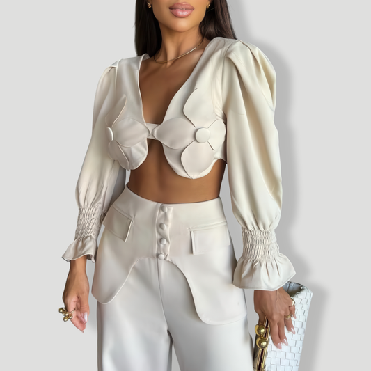 Two-Piece Set with Puff Sleeve Crop Top and High Waist Wide Trousers